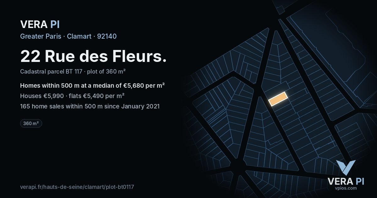 22 Rue des Fleurs, Clamart at night – the plot lit, the parcels around coloured by the prices near them