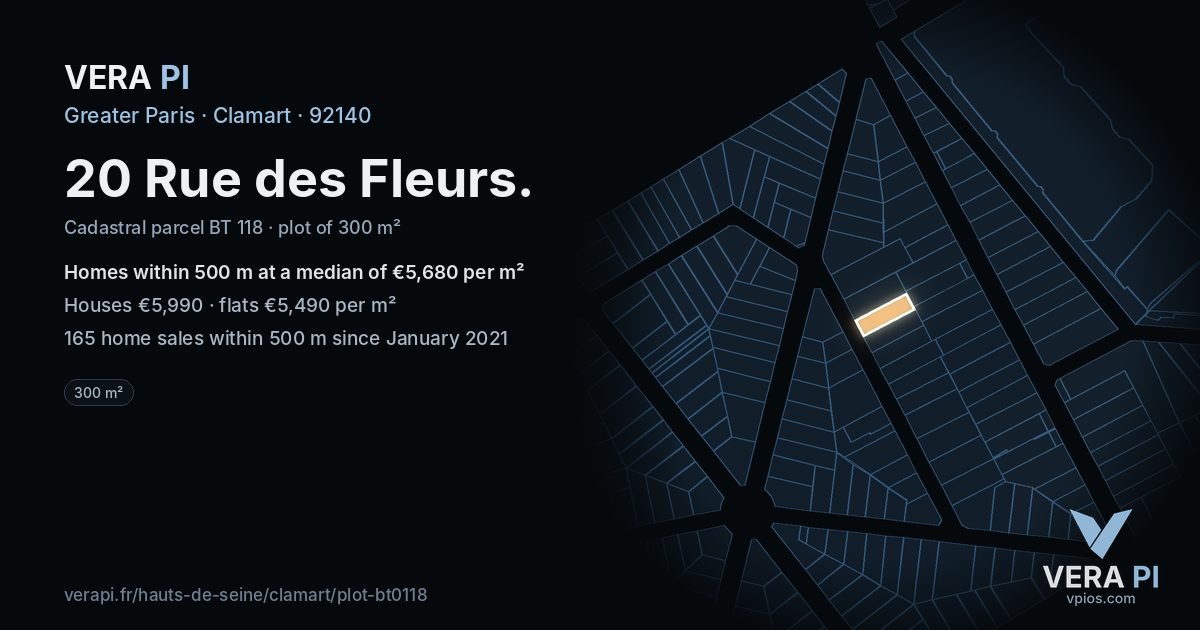 20 Rue des Fleurs, Clamart at night – the plot lit, the parcels around coloured by the prices near them