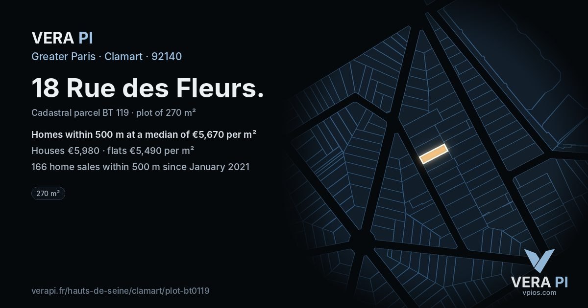 18 Rue des Fleurs, Clamart at night – the plot lit, the parcels around coloured by the prices near them