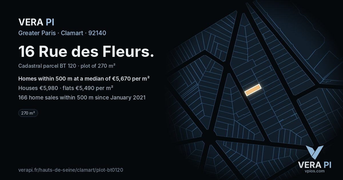 16 Rue des Fleurs, Clamart at night – the plot lit, the parcels around coloured by the prices near them