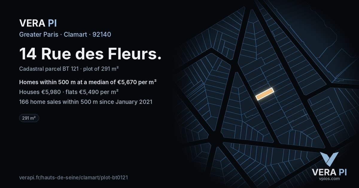 14 Rue des Fleurs, Clamart at night – the plot lit, the parcels around coloured by the prices near them