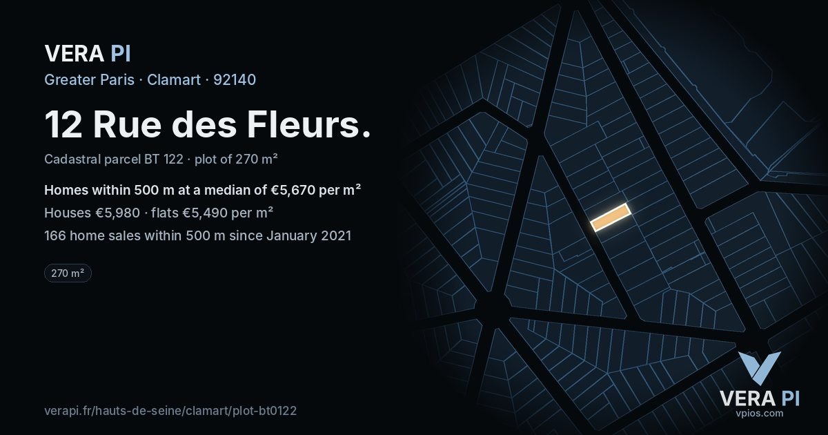 12 Rue des Fleurs, Clamart at night – the plot lit, the parcels around coloured by the prices near them
