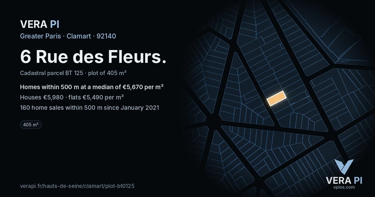 6 Rue des Fleurs, Clamart at night – the plot lit, the parcels around coloured by the prices near them