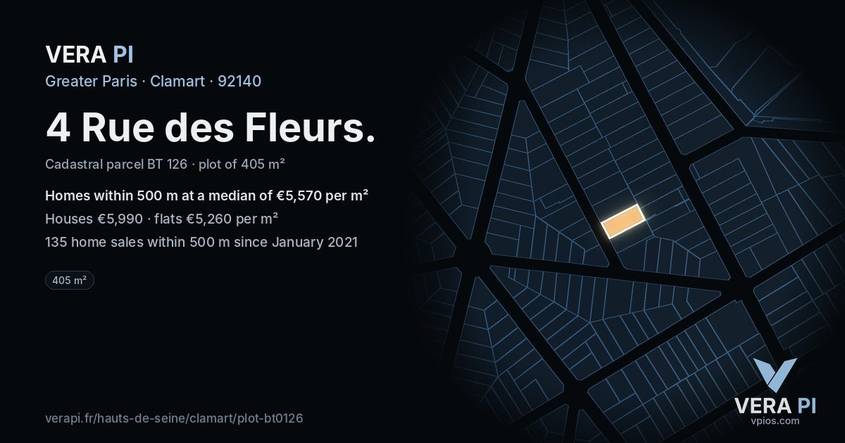 4 Rue des Fleurs, Clamart at night – the plot lit, the parcels around coloured by the prices near them