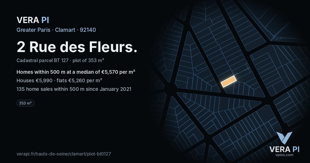 2 Rue des Fleurs, Clamart at night – the plot lit, the parcels around coloured by the prices near them