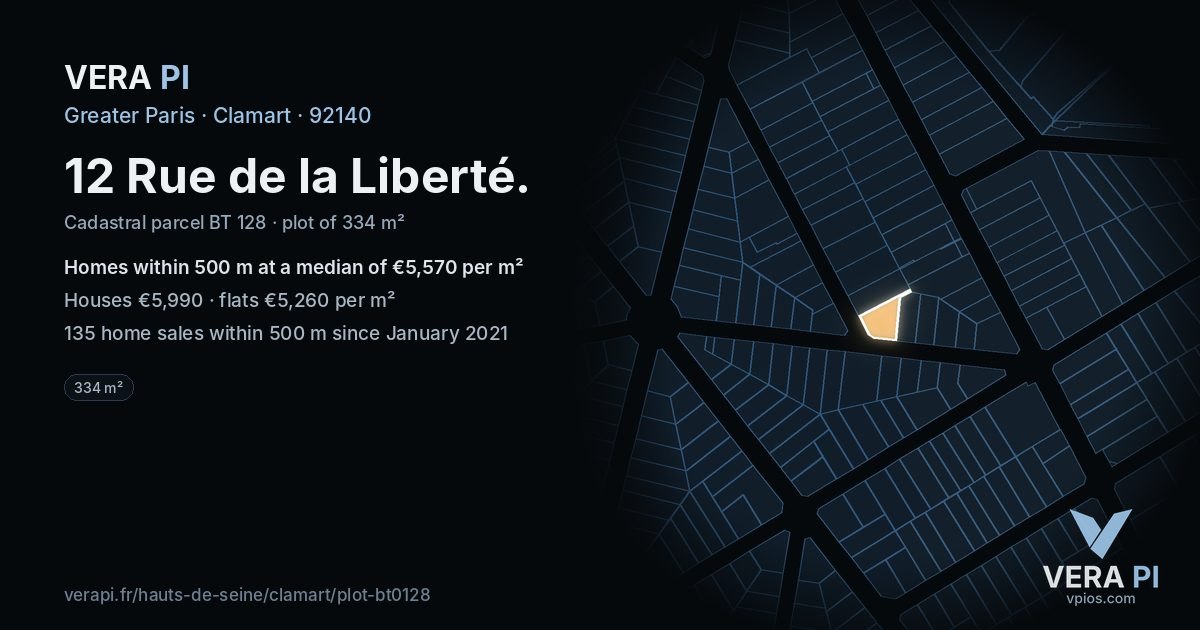 12 Rue de la Liberté, Clamart at night – the plot lit, the parcels around coloured by the prices near them