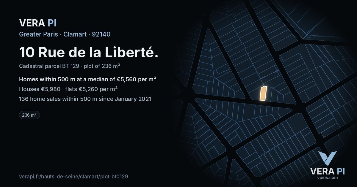 10 Rue de la Liberté, Clamart at night – the plot lit, the parcels around coloured by the prices near them