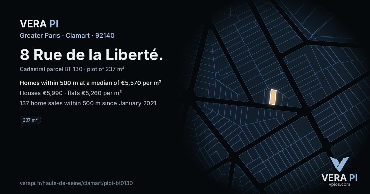 8 Rue de la Liberté, Clamart at night – the plot lit, the parcels around coloured by the prices near them