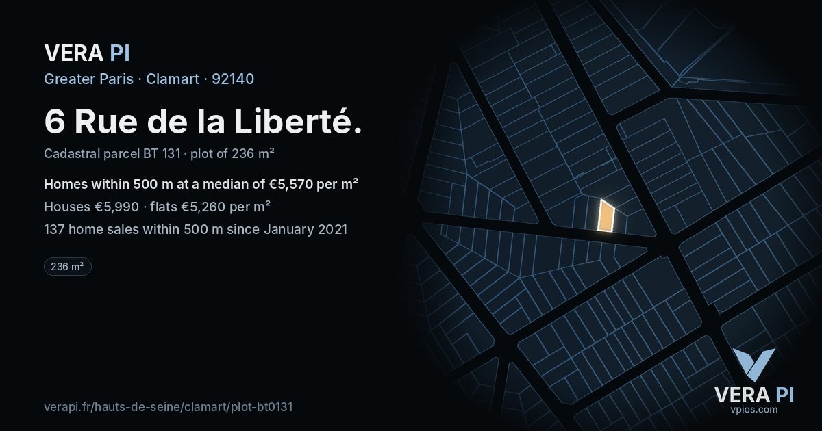6 Rue de la Liberté, Clamart at night – the plot lit, the parcels around coloured by the prices near them