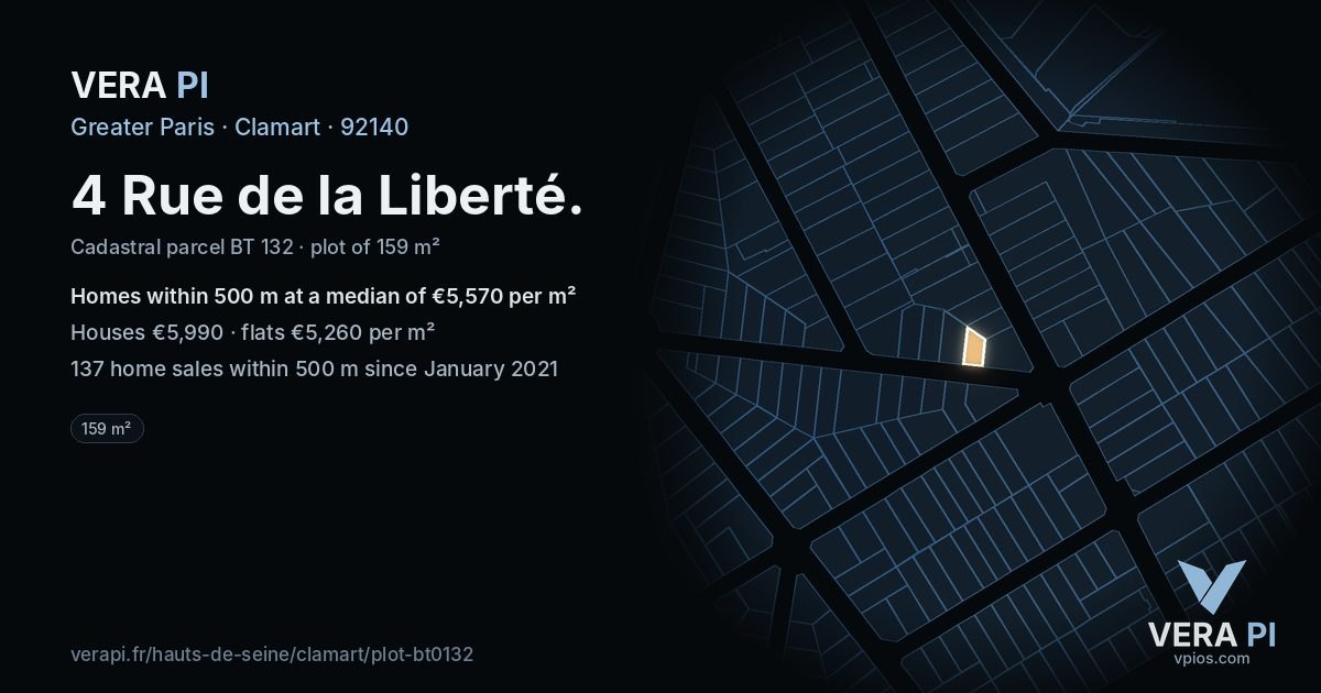4 Rue de la Liberté, Clamart at night – the plot lit, the parcels around coloured by the prices near them