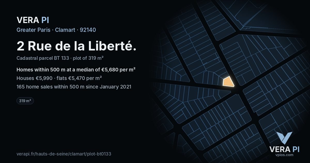 2 Rue de la Liberté, Clamart at night – the plot lit, the parcels around coloured by the prices near them