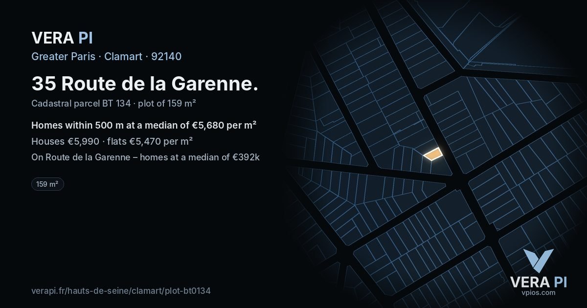 35 Route de la Garenne, Clamart at night – the plot lit, the parcels around coloured by the prices near them