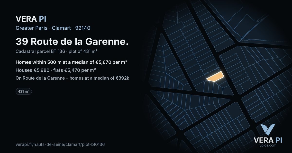 39 Route de la Garenne, Clamart at night – the plot lit, the parcels around coloured by the prices near them