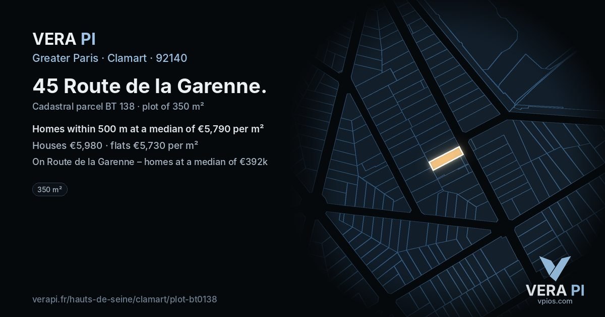 45 Route de la Garenne, Clamart at night – the plot lit, the parcels around coloured by the prices near them