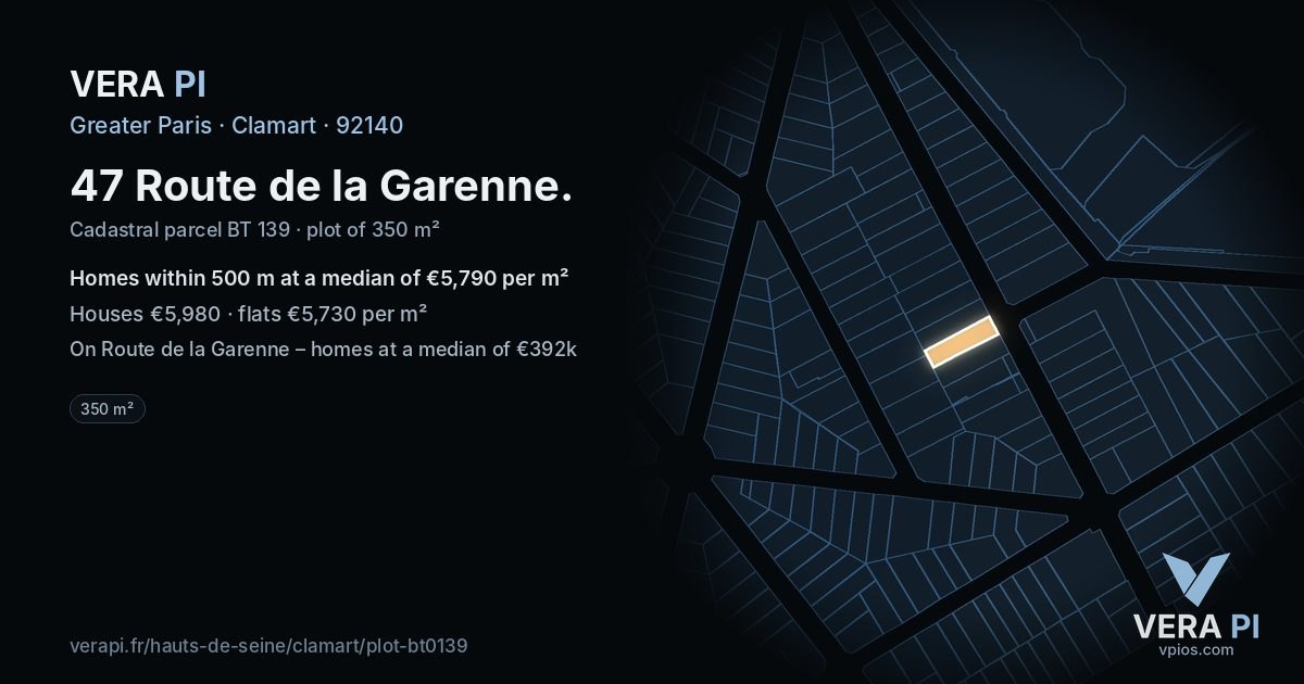 47 Route de la Garenne, Clamart at night – the plot lit, the parcels around coloured by the prices near them