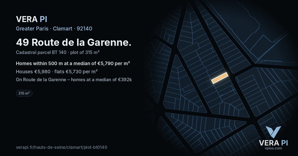 49 Route de la Garenne, Clamart at night – the plot lit, the parcels around coloured by the prices near them