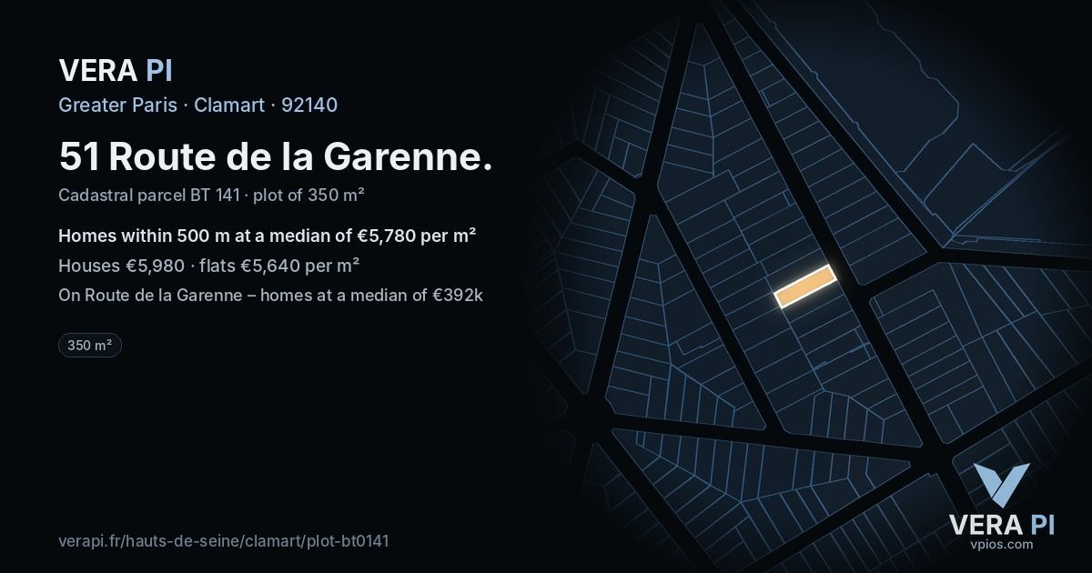 51 Route de la Garenne, Clamart at night – the plot lit, the parcels around coloured by the prices near them