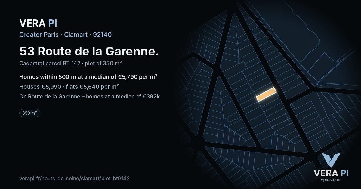 53 Route de la Garenne, Clamart at night – the plot lit, the parcels around coloured by the prices near them