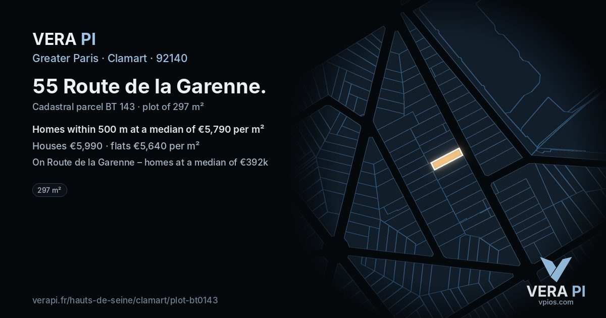 55 Route de la Garenne, Clamart at night – the plot lit, the parcels around coloured by the prices near them