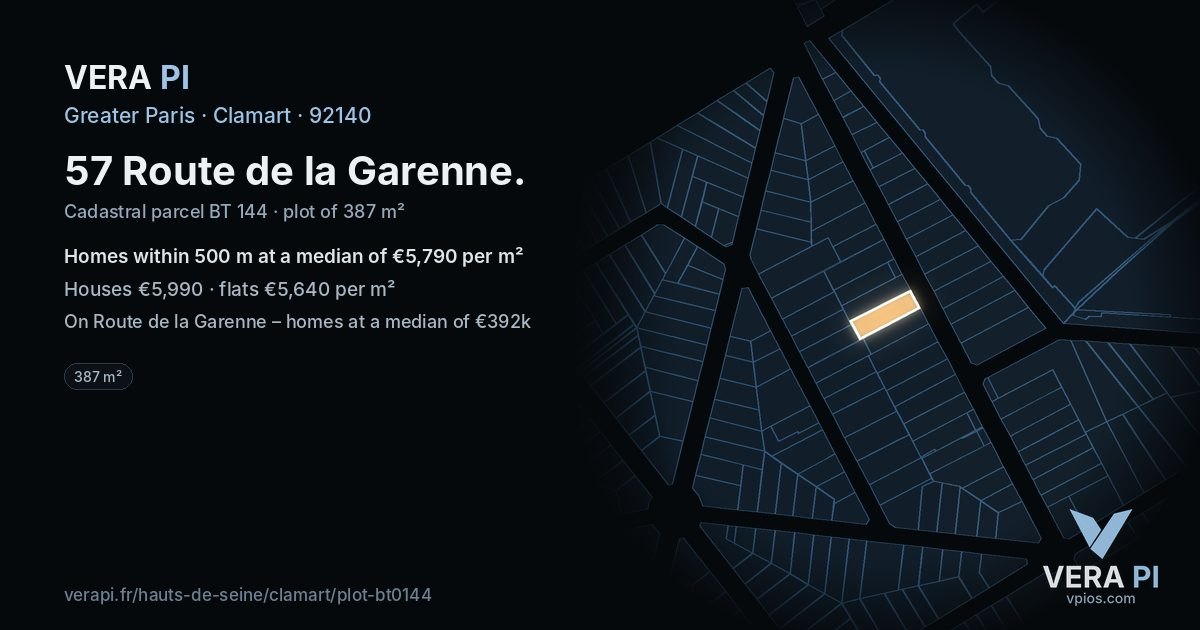 57 Route de la Garenne, Clamart at night – the plot lit, the parcels around coloured by the prices near them