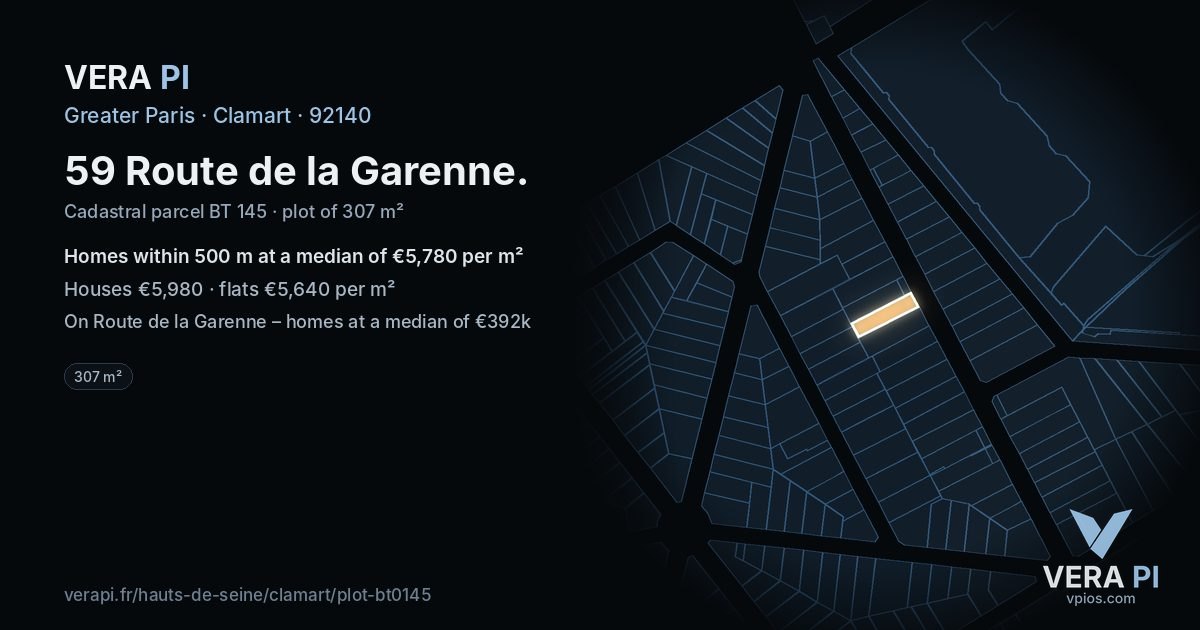 59 Route de la Garenne, Clamart at night – the plot lit, the parcels around coloured by the prices near them
