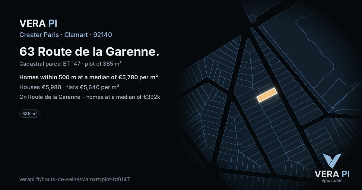 63 Route de la Garenne, Clamart at night – the plot lit, the parcels around coloured by the prices near them