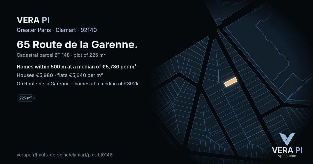 65 Route de la Garenne, Clamart at night – the plot lit, the parcels around coloured by the prices near them
