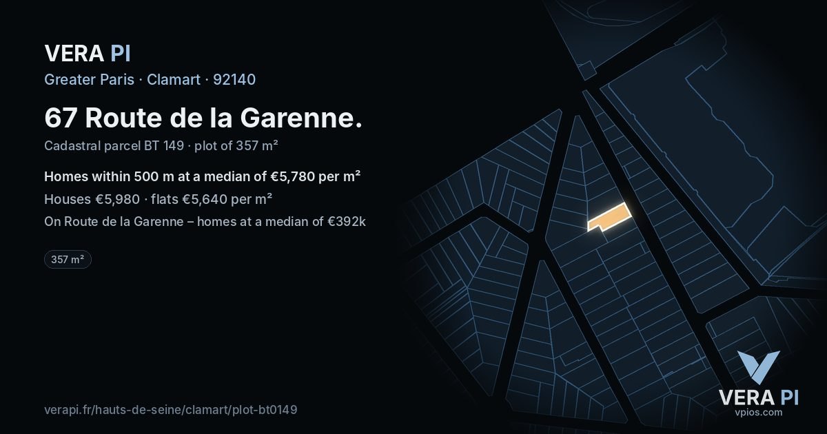 67 Route de la Garenne, Clamart at night – the plot lit, the parcels around coloured by the prices near them
