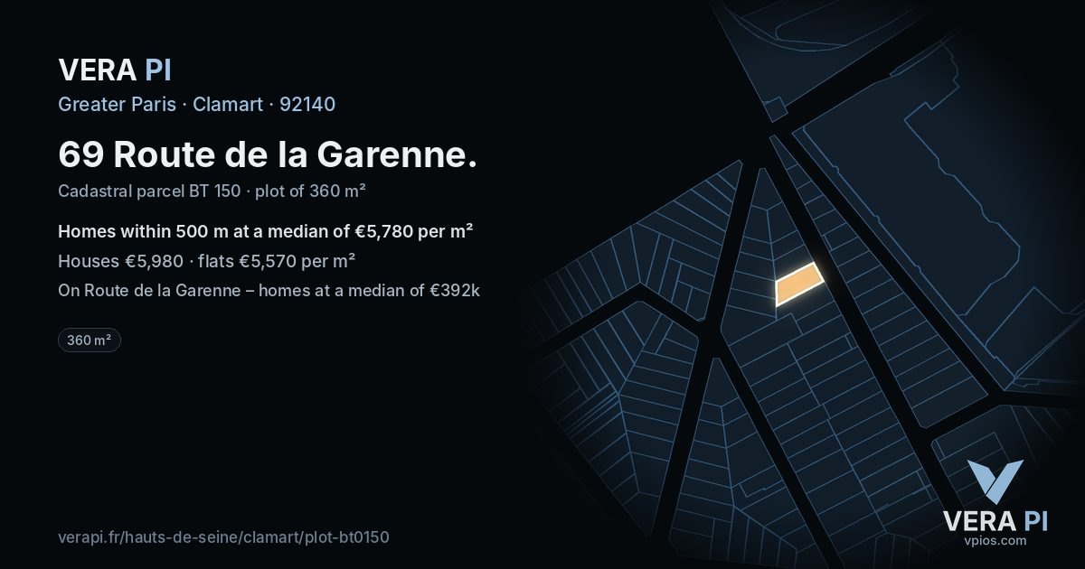 69 Route de la Garenne, Clamart at night – the plot lit, the parcels around coloured by the prices near them