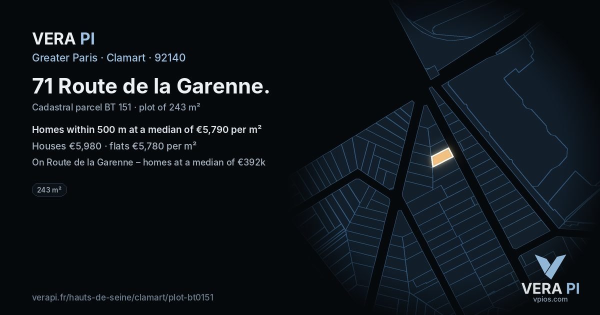 71 Route de la Garenne, Clamart at night – the plot lit, the parcels around coloured by the prices near them