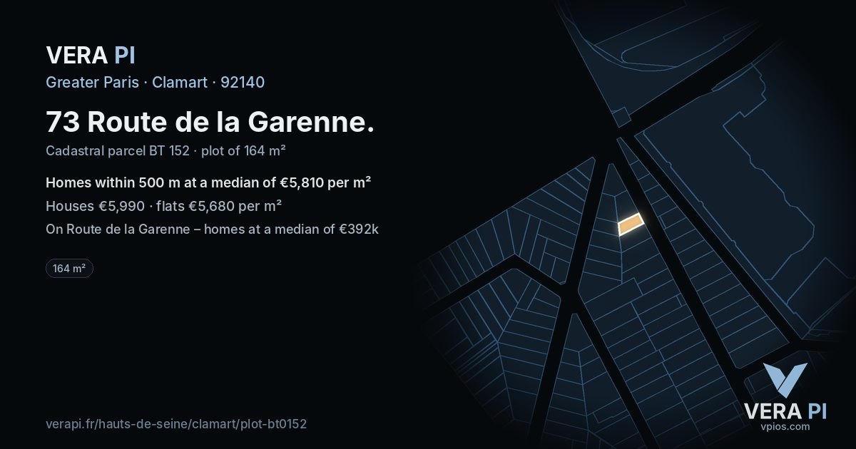 73 Route de la Garenne, Clamart at night – the plot lit, the parcels around coloured by the prices near them