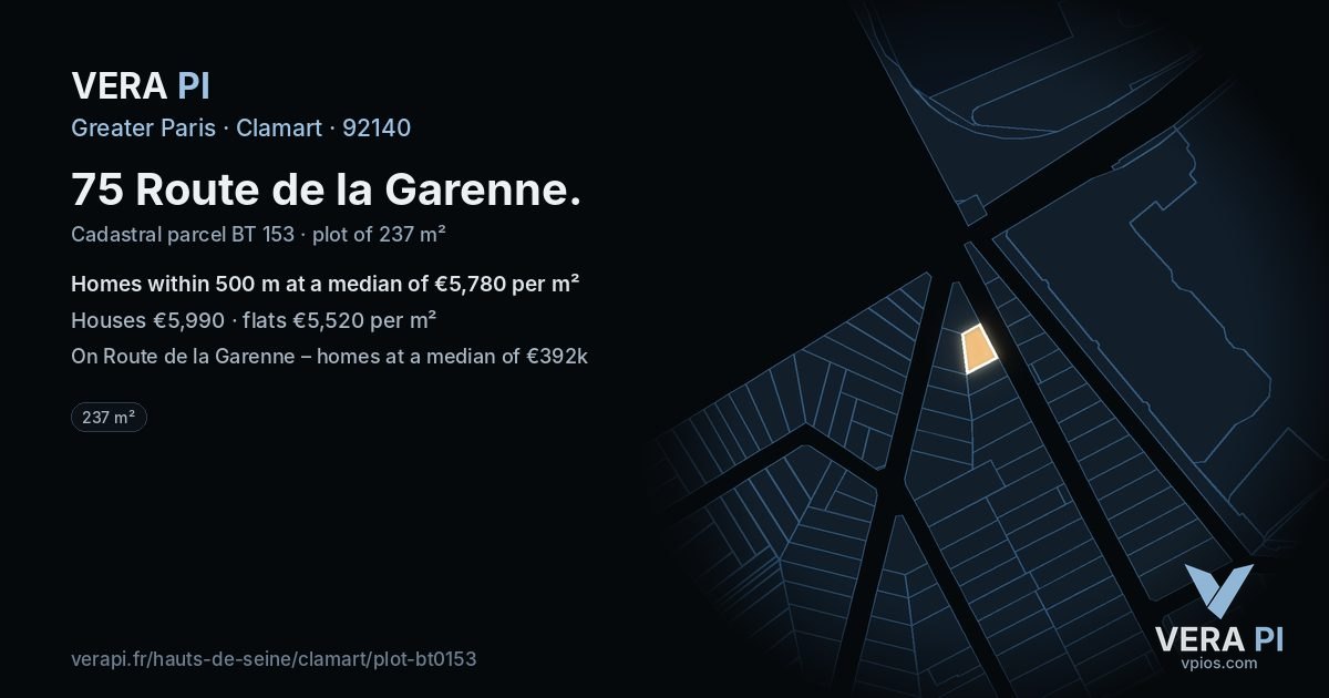 75 Route de la Garenne, Clamart at night – the plot lit, the parcels around coloured by the prices near them