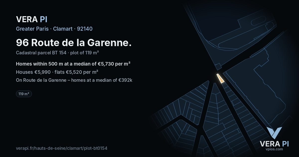 96 Route de la Garenne, Clamart at night – the plot lit, the parcels around coloured by the prices near them