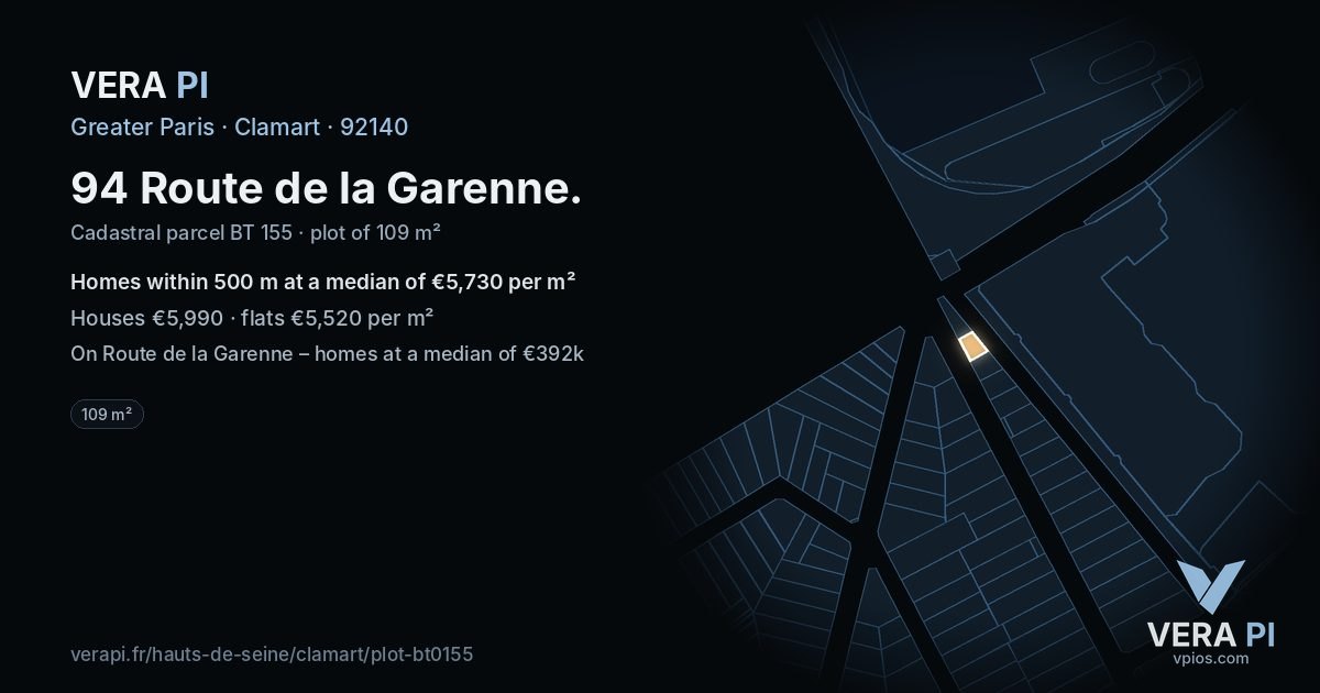 94 Route de la Garenne, Clamart at night – the plot lit, the parcels around coloured by the prices near them