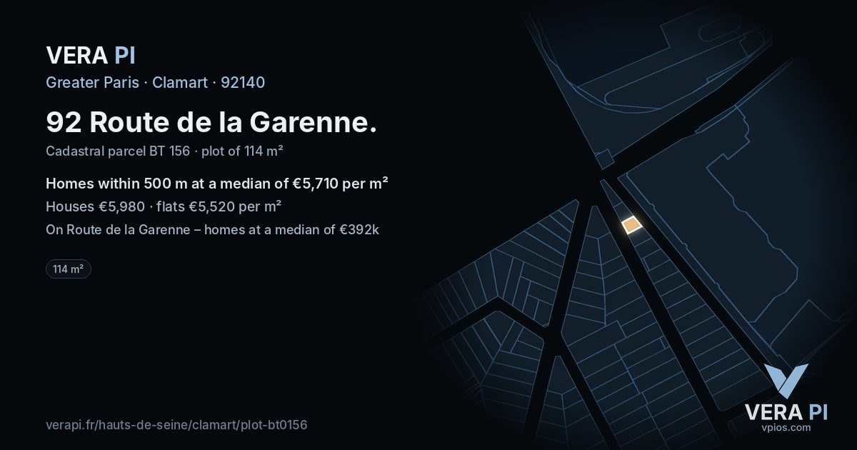 92 Route de la Garenne, Clamart at night – the plot lit, the parcels around coloured by the prices near them