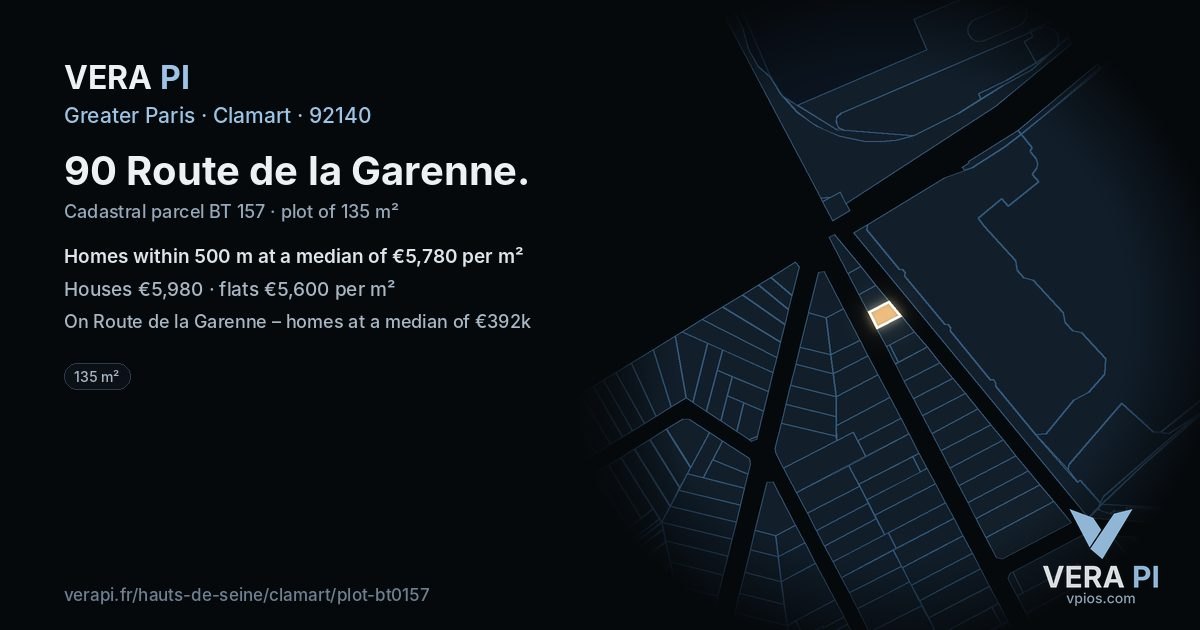 90 Route de la Garenne, Clamart at night – the plot lit, the parcels around coloured by the prices near them