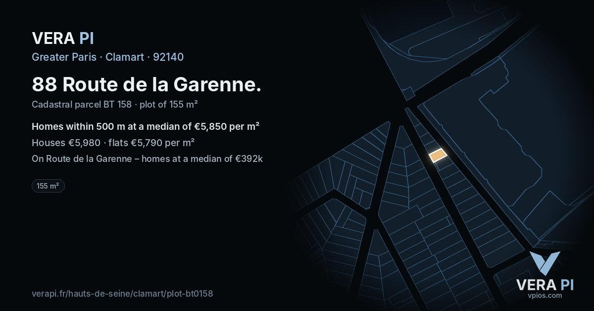 88 Route de la Garenne, Clamart at night – the plot lit, the parcels around coloured by the prices near them