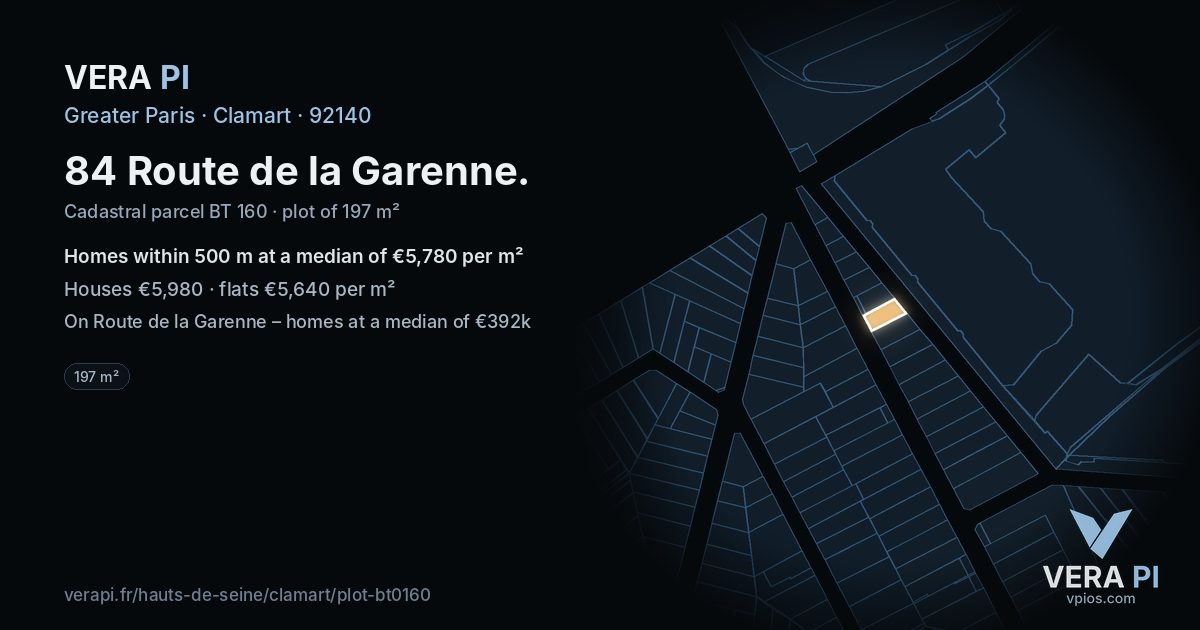 84 Route de la Garenne, Clamart at night – the plot lit, the parcels around coloured by the prices near them