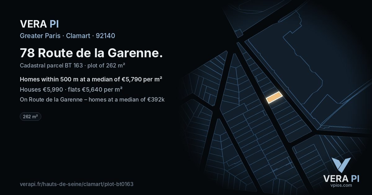 78 Route de la Garenne, Clamart at night – the plot lit, the parcels around coloured by the prices near them