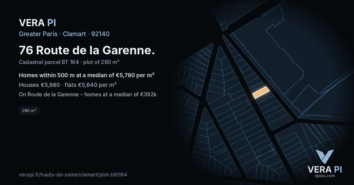 76 Route de la Garenne, Clamart at night – the plot lit, the parcels around coloured by the prices near them