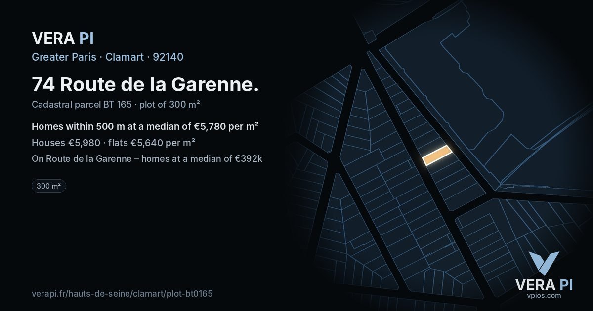 74 Route de la Garenne, Clamart at night – the plot lit, the parcels around coloured by the prices near them