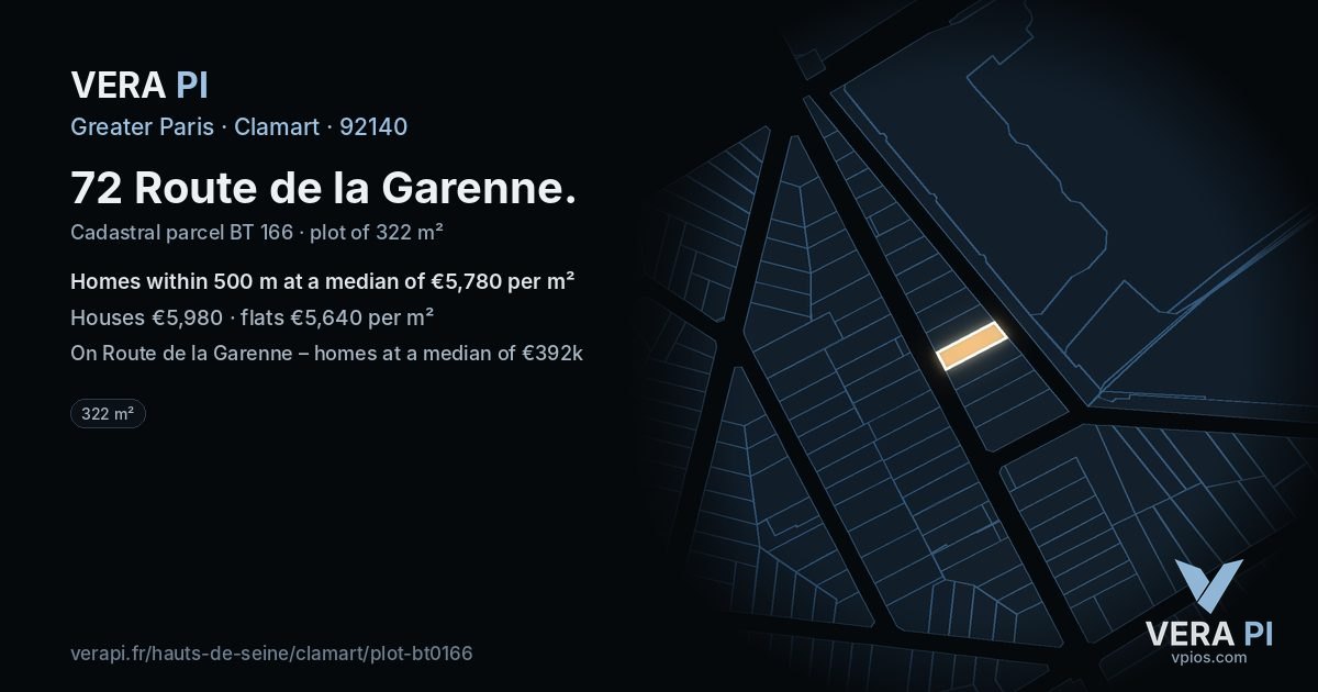 72 Route de la Garenne, Clamart at night – the plot lit, the parcels around coloured by the prices near them