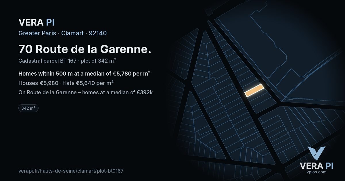 70 Route de la Garenne, Clamart at night – the plot lit, the parcels around coloured by the prices near them
