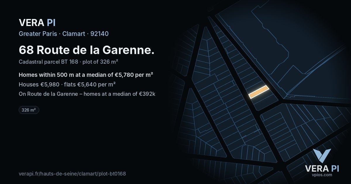 68 Route de la Garenne, Clamart at night – the plot lit, the parcels around coloured by the prices near them