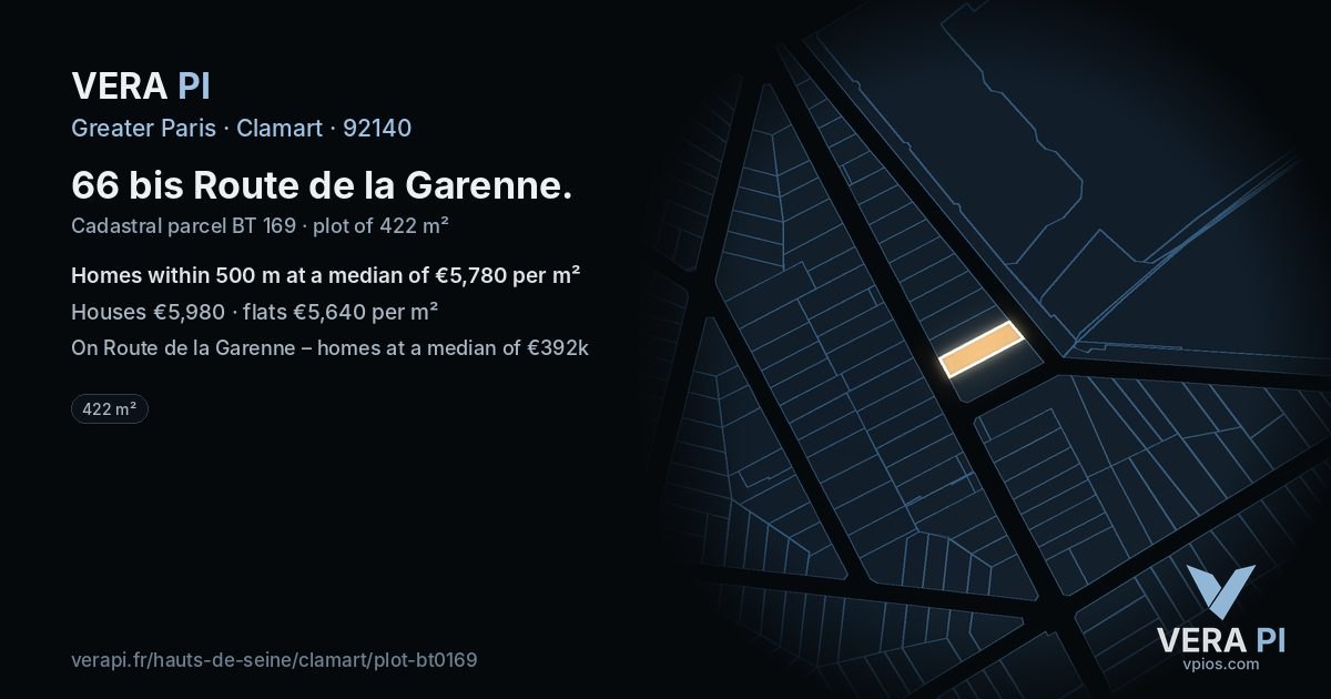 66 bis Route de la Garenne, Clamart at night – the plot lit, the parcels around coloured by the prices near them