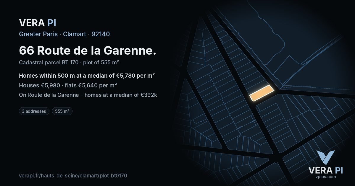 66 Route de la Garenne, Clamart at night – the plot lit, the parcels around coloured by the prices near them