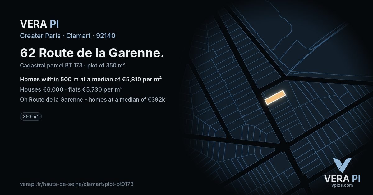 62 Route de la Garenne, Clamart at night – the plot lit, the parcels around coloured by the prices near them