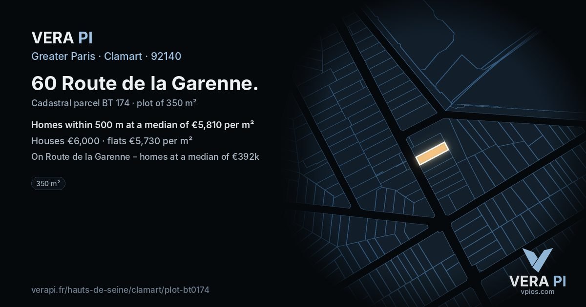 60 Route de la Garenne, Clamart at night – the plot lit, the parcels around coloured by the prices near them
