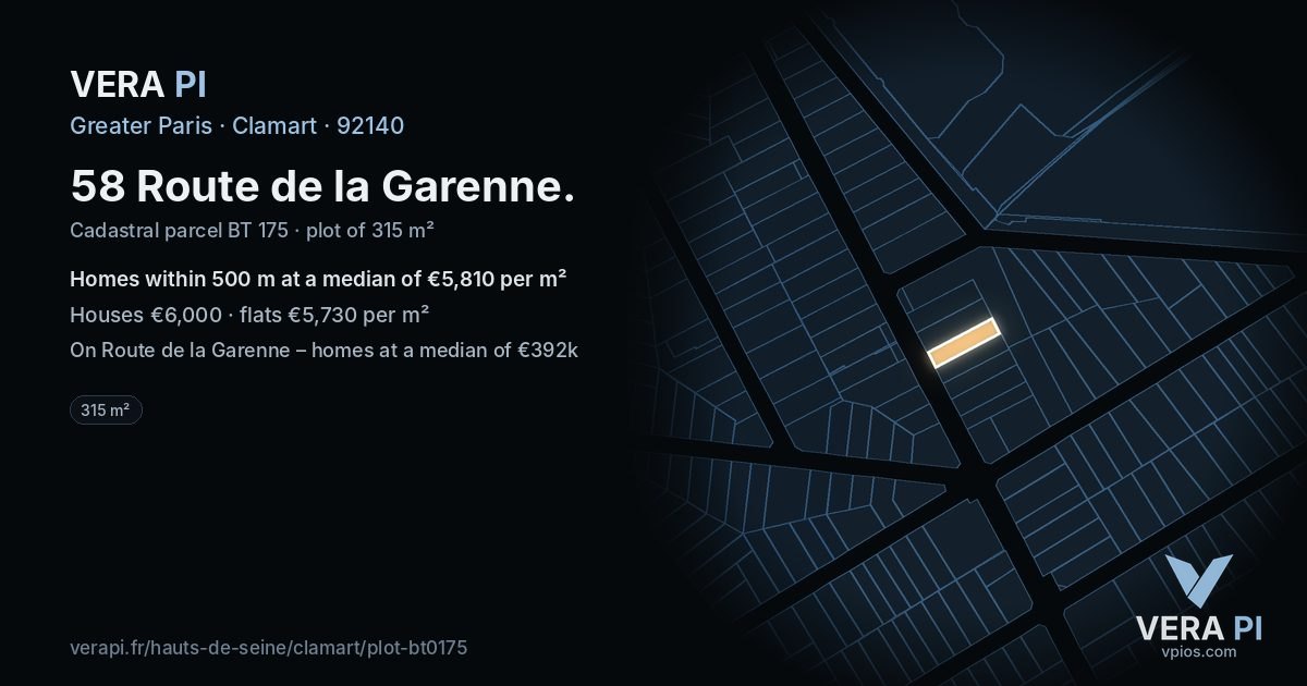 58 Route de la Garenne, Clamart at night – the plot lit, the parcels around coloured by the prices near them
