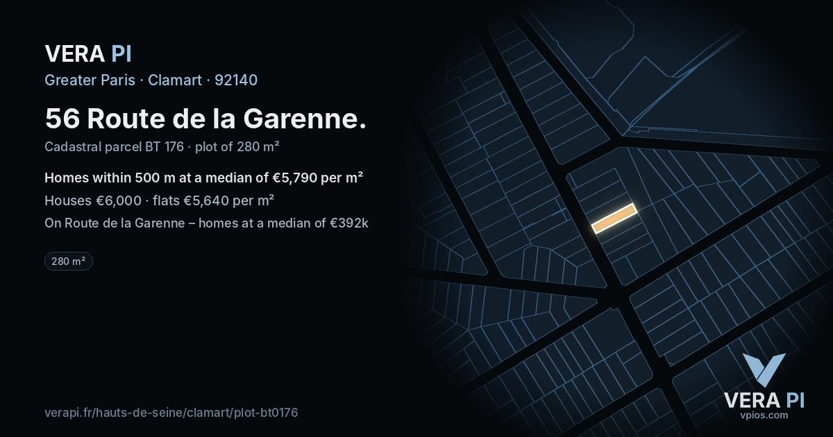 56 Route de la Garenne, Clamart at night – the plot lit, the parcels around coloured by the prices near them